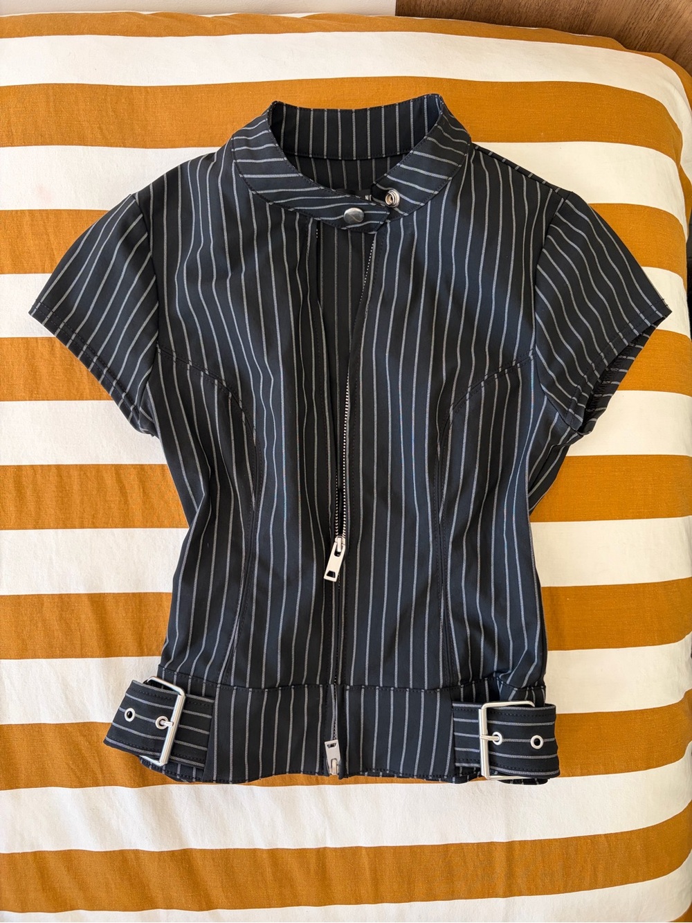 silence + noise Black Pinstripe Short-Sleeve Zip Front Top